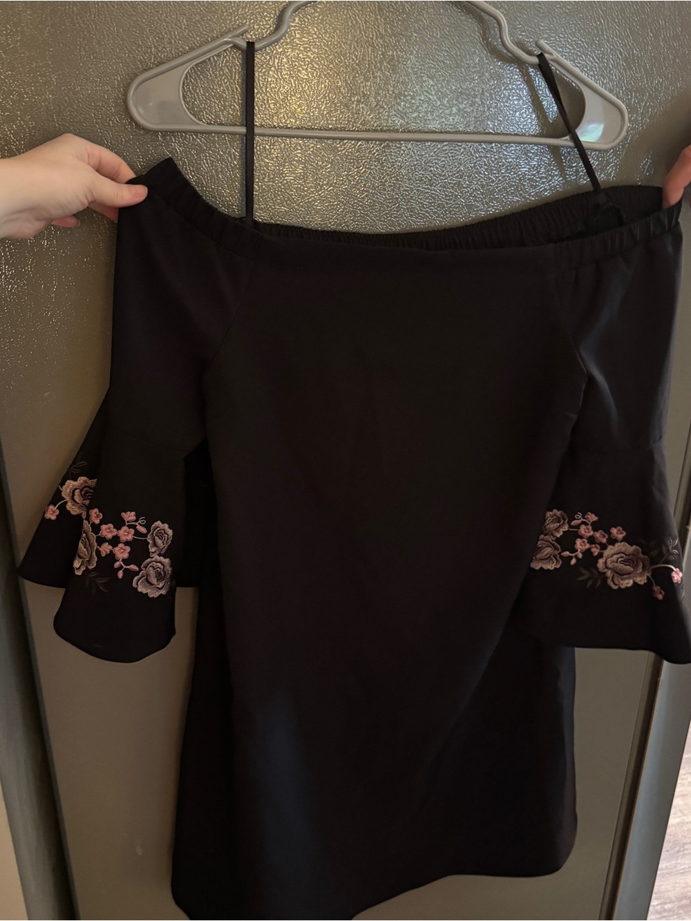 Jennifer Lopez Black Off-Shoulder Dress with Pink Floral Embroidery